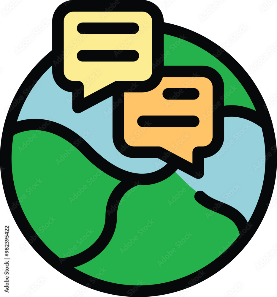 Poster simple colorful icon of a green and blue planet earth with two speech bubbles exchanging messages, r