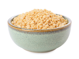 Raw couscous in bowl isolated on white