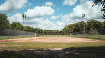 Empty baseball field dirt infield white baselines green grass blue sky trees sunlight outdoor sports nostalgic rural game day training practice scenic