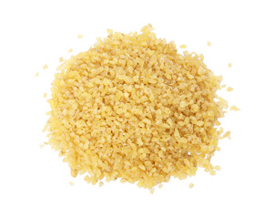 Heap of raw bulgur isolated on white, top view