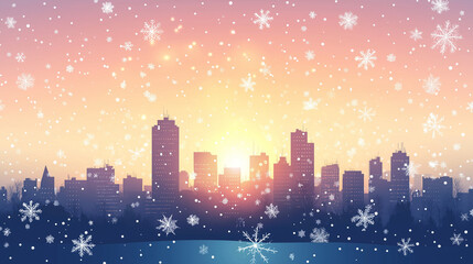 Fototapeta premium Winter city skyline at sunset, serene mood, snowfall, digital illustration, vibrant colors, copy space