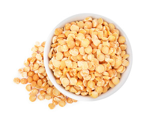 Dried peas in bowl isolated on white, top view