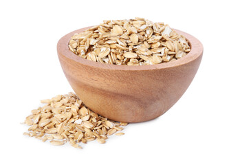 Dry oat flakes in wooden bowl isolated on white