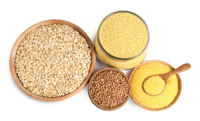 Different cereal grains isolated on white, top view