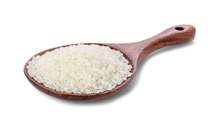 Raw rice in wooden spoon isolated on white