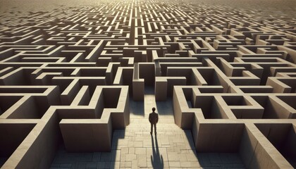 Endless Labyrinth: A person wandering through an abstract labyrinth, symbolizing the feeling of getting lost or stuck in the pursuit of difficult goals that never seem to end