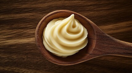 A wooden spoon holding a swirl of creamy mayonnaise on a wooden surface.