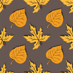 Cute autumn seamless pattern with different leaf maple and linden. Vector background for design textile or backdrop