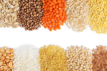 Different cereal grains isolated on white, top view