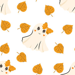 Cute seamless pattern with adorable and autumn leaf. Vector background in Scandinavian style for design textile or backdrop