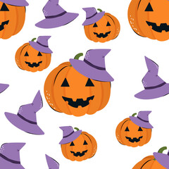 Cute seamless pattern with pumpkin and witch hat. Vector background for design textile or backdrop. Halloween concept