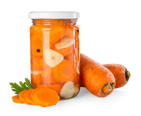 Tasty pickled carrots in jar and fresh ingredients isolated on white