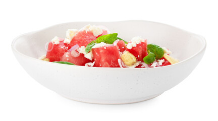 Tasty salad with watermelon, feta cheese and basil isolated on white
