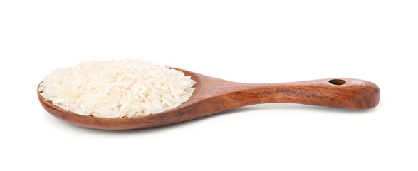 Spoon with raw rice isolated on white