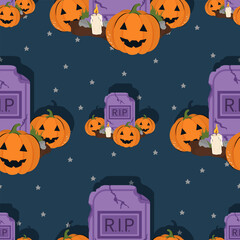 Fototapeta premium Halloween seamless pattern with pumpkin and grave RIP. Vector background for design textile or backdrop. Halloween holiday concept