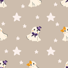 Cute Halloween seamless pattern with adorable ghost and stars. Vector background in Scandinavian for design textile or backdrop. Halloween holiday concept