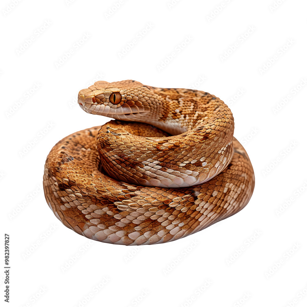Poster close-up image of a curled brown snake with detailed scale designs, set against a clear background, 