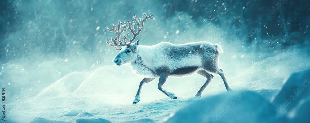 Poster a majestic reindeer walks through a snowy landscape, creating a serene and enchanting winter scene.