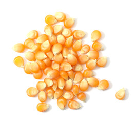 Pile of fresh corn kernels isolated on white, top view