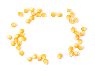 Frame of fresh corn kernels on white background, flat lay. Space for text