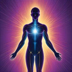 human body soul aura neon glow blue and pink black background silhouette chakra vital energy concept mind esotericism psychology