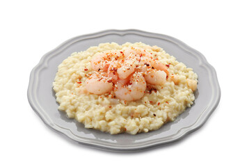 Delicious risotto with shrimps and cheese isolated on white