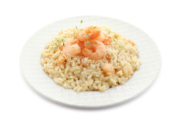 Delicious risotto with shrimps and cheese isolated on white