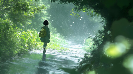 Fototapeta premium Girl Walking in Raining Forest