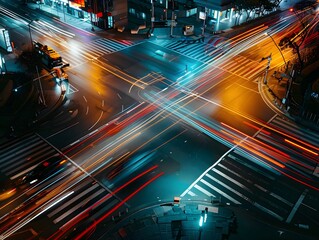 Vibrant Night City Intersection with Light Trails and Modern Urban Architecture