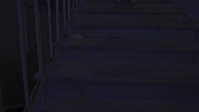 Creepy ghost woman in dress sitting alone on staircase in dark haunted house holding smartphone chroma key green screen. Halloween horror advertisement concept.