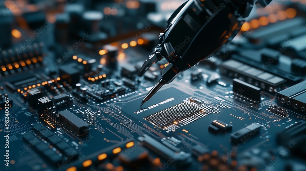Aufkleber detailed close-up of a robotic hand assembling components on a circuit board in a high-tech manufact