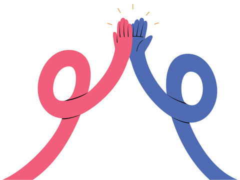 Funky long hands giving high five, multicultural gesture of teamwork and succession. Hand drawn vector illustration in flat design