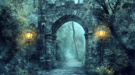 A winding path leads through an ancient gothic archway, illuminated by the dim glow of flickering lanterns hanging on either side. The watercolor technique softens the edges of the stonework 