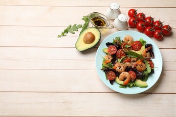 Delicious shrimp salad and ingredients on white wooden table, flat lay. Space for text