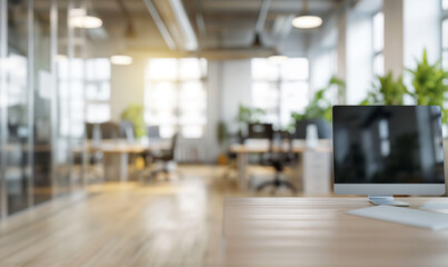 Blurred office interior with desks and computers for business background, blur in the foreground
