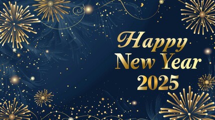 Luxury New Year banner, "Happy New Year 2025" in gold letters, fireworks illuminating the sky, ample space for copy, dark background, soft lighting.