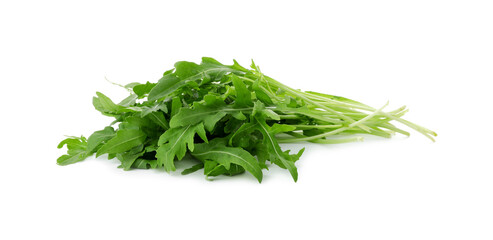 Pile of fresh arugula leaves isolated on white