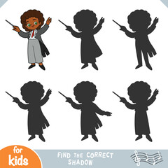 Find the correct shadow, education game for kids, Cute cartoon girl the conductor of orchestra and stick © ksenyasavva