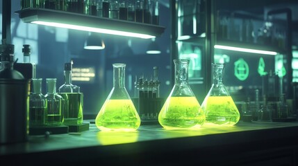 Glowing green chemical solutions in laboratory glassware: nighttime science exploration