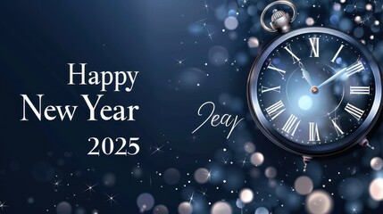 New Year countdown banner, "Happy New Year 2025" in bold white, clock at midnight, clean space for copy, dark elegant background, soft glowing accents. 