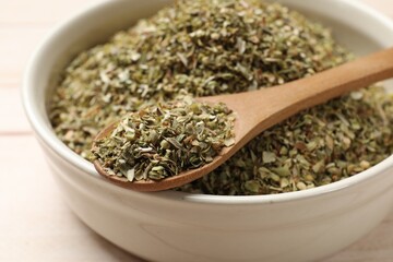 Dried oregano in bowl and spoon on table, closeup