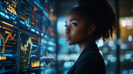 African American woman analysing cyber security, data research, ar. Young scientist, data safety blue orange purple hologram. Big data, augmented, virtual reality, machine learning AI concept.