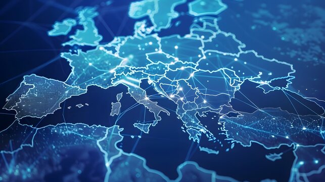 Digital Map of Europe with Glowing Network Connections and Data Points Highlighting Major Cities