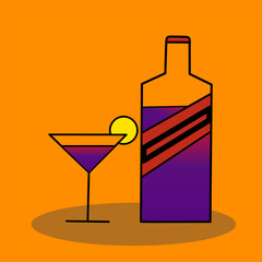 Illustration of glasses and bottles of alcoholic drinks, cocktails, wine
