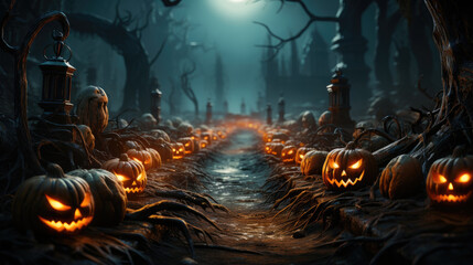 Obraz premium An enchanting, spooky pathway filled with carved pumpkins glowing eerily, surrounded by twisted trees and a mysterious moonlit ambience