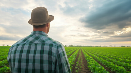 Man inspecting crops in a rural field, focused on plant health, modern farming and sustainable agriculture, cloudy sky, copy space
