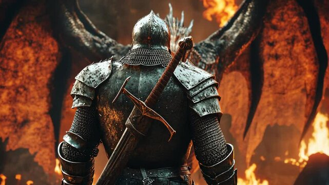 A brave knight faces a fearsome dragon in a dramatic showdown amidst flames, showcasing bravery and adventure in a mystical setting.