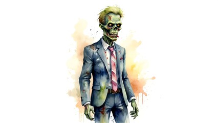 Zombie in the Suit: A horrifying image of a decomposed zombie, dressed in a formal suit. Humorous watercolor illustration. Businessman. Business. 2