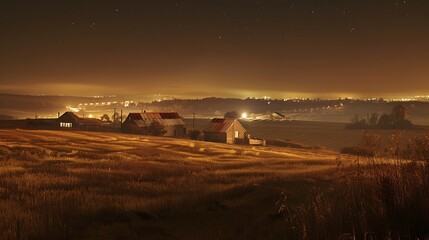 Obraz premium Panorama from atop of the townships mills over a field at night farming land countryside