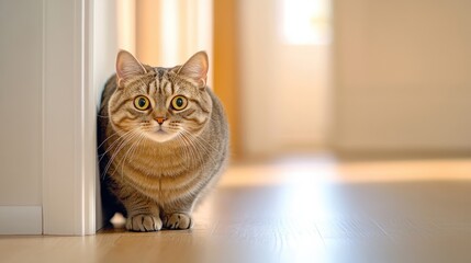 Naklejka premium A cat peeking out from behind a door on the floor, AI